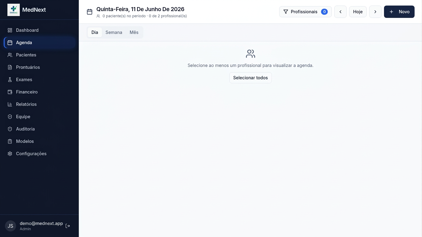 Tela da Agenda do MedNext com filtro de profissionais e botão Novo