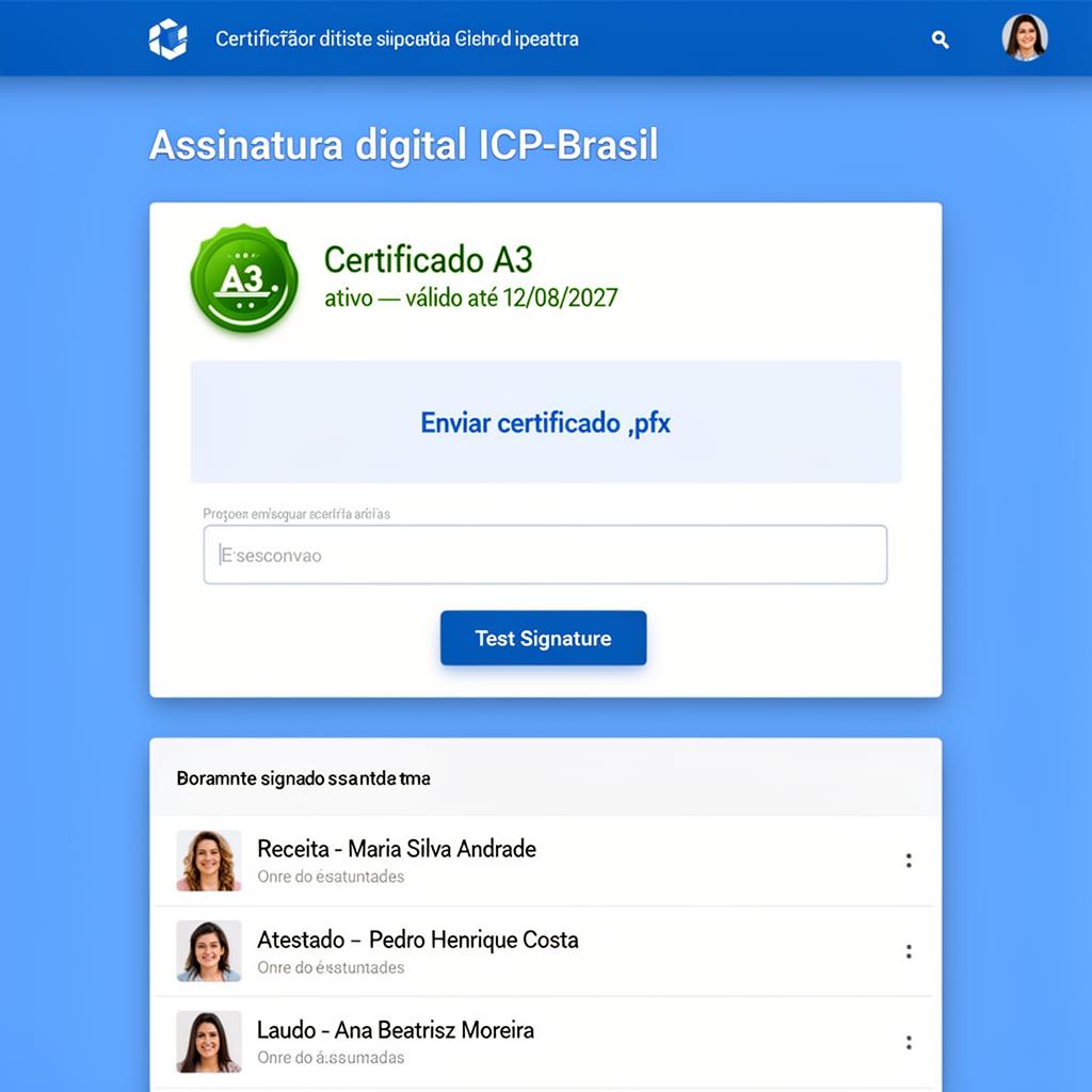 Tela de Assinatura Digital ICP-Brasil no MedNext com certificado ativo