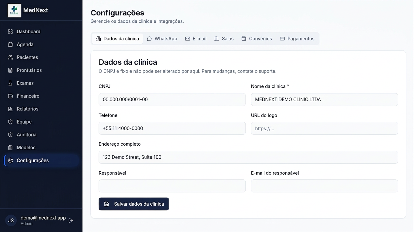 Tela de Configurações do MedNext com as abas principais