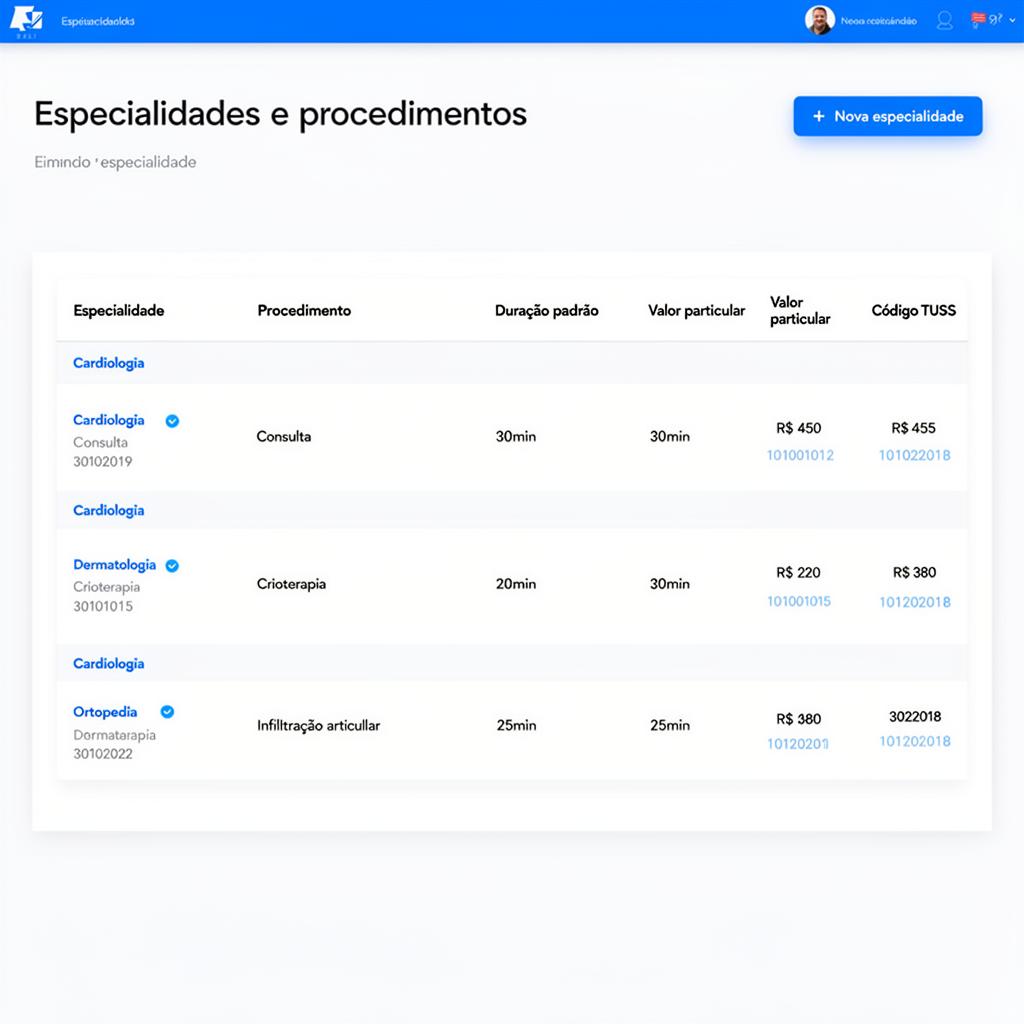 Tabela de especialidades e procedimentos cadastrados no MedNext