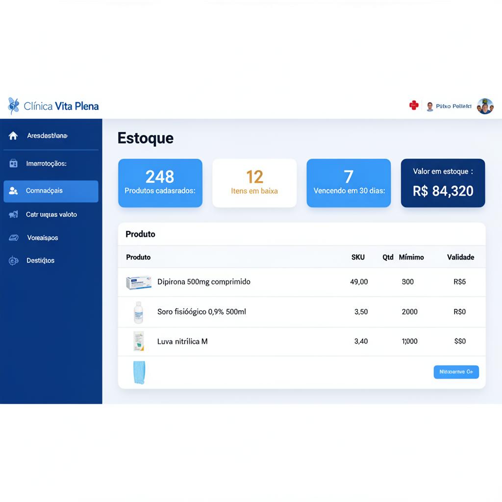 Dashboard do módulo Estoque do MedNext com KPIs e lista de produtos