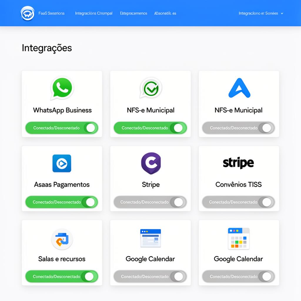 Painel de integrações do MedNext com WhatsApp, NFS-e, pagamentos e convênios